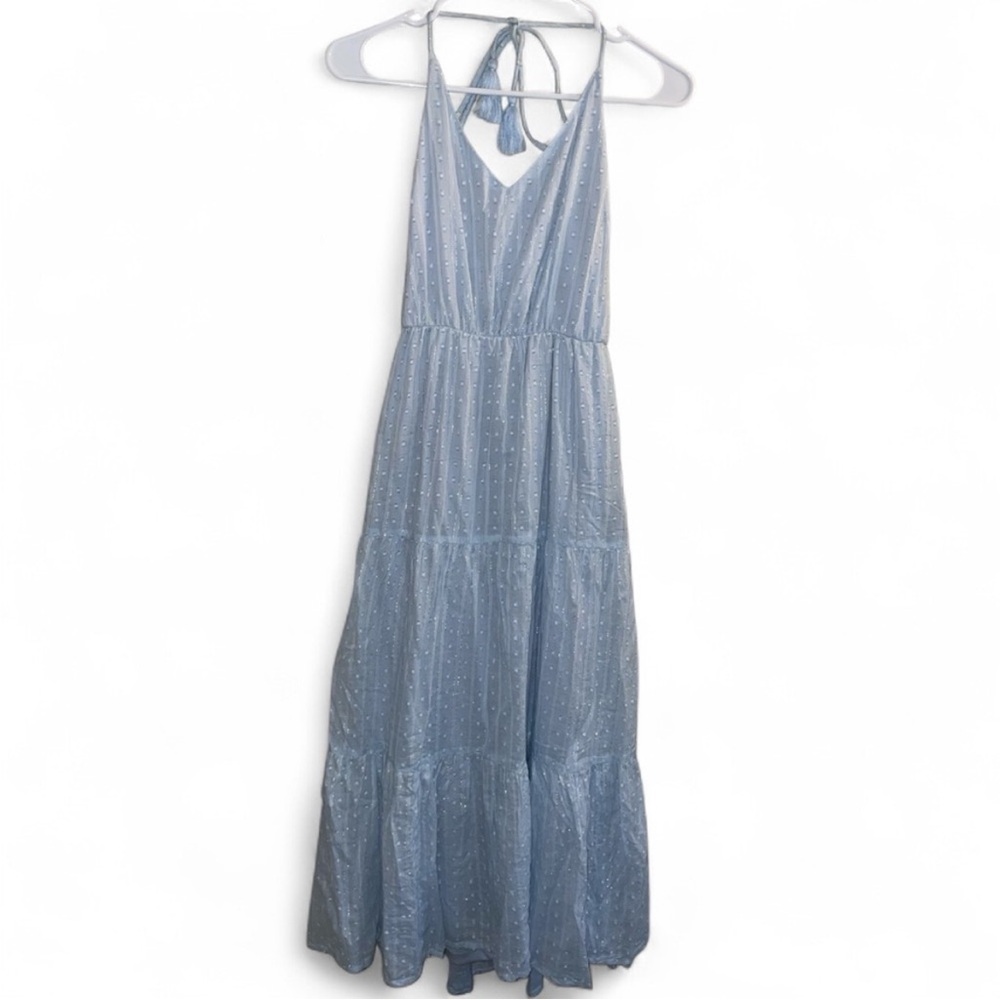 Lulus Sunny Reverie Light Blue Swiss Dot Lurex Halter Midi Dress - Picture 3 of 9